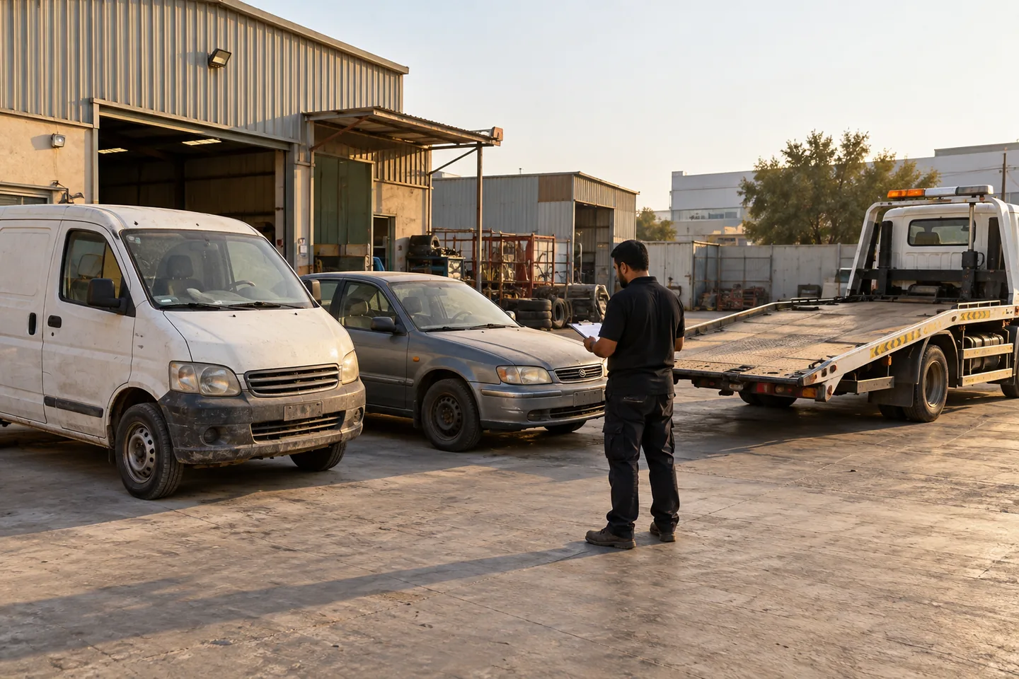 Recovery coordinator reviewing an older fleet sedan and worn commercial van beside a flatbed truck in a Musaffah-style industrial yard