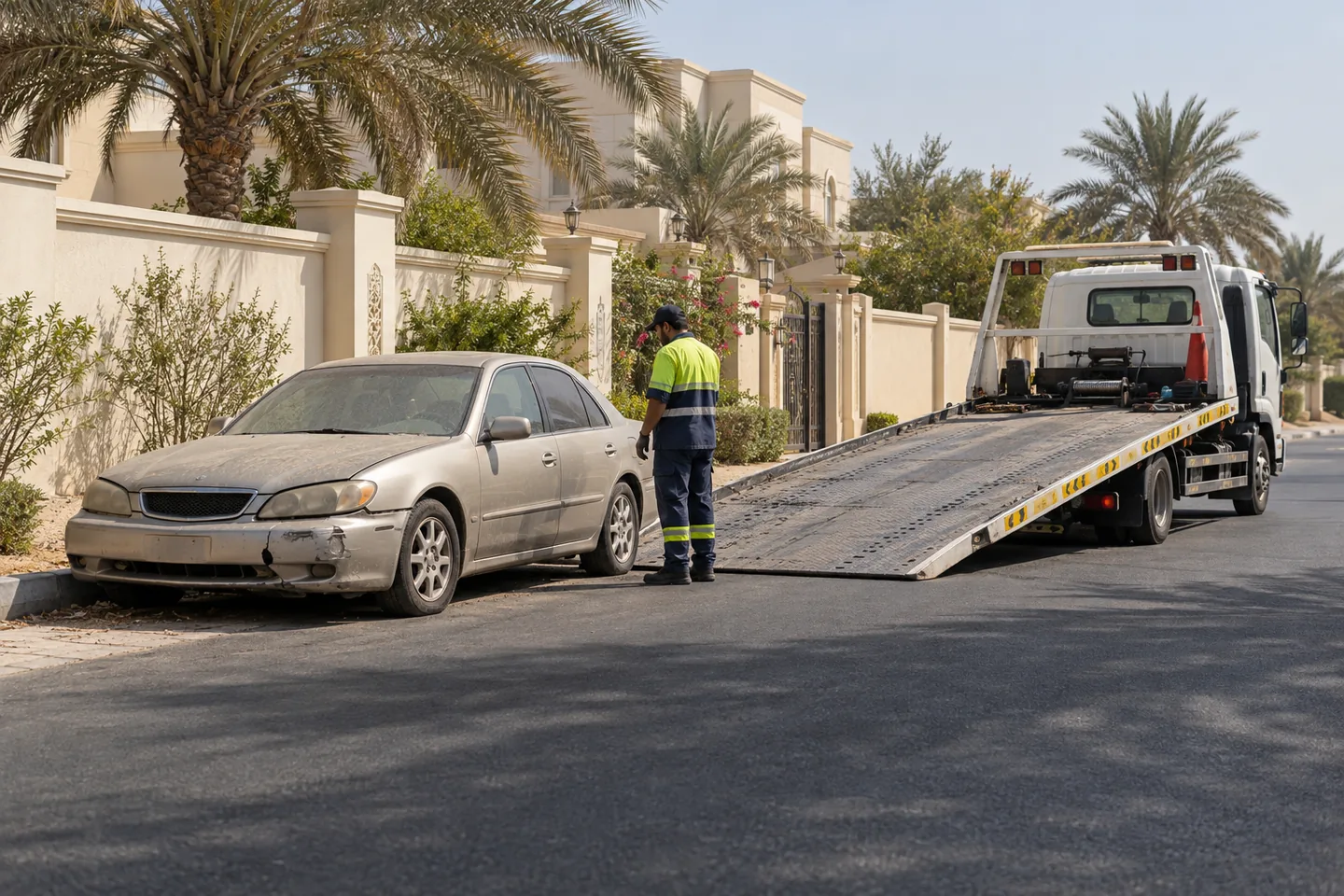 Older dusty silver sedan and recovery truck outside a palm-lined Abu Dhabi residential compound with an operator reviewing access