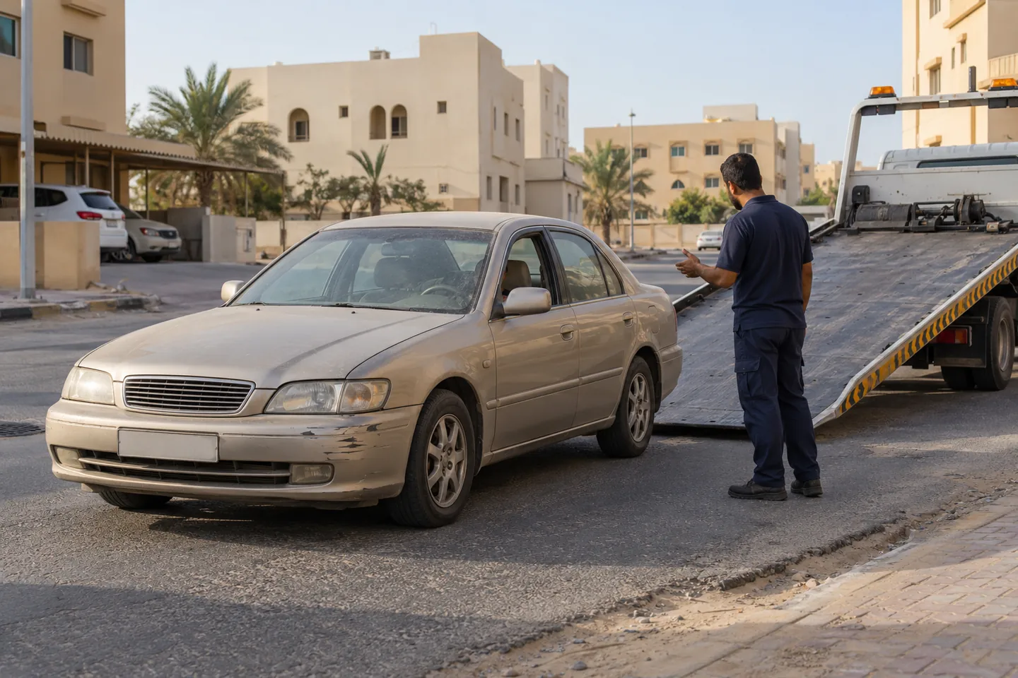 Older scuffed beige sedan beside an unbranded recovery truck on an Ajman residential street with a professional operator checking the parking position