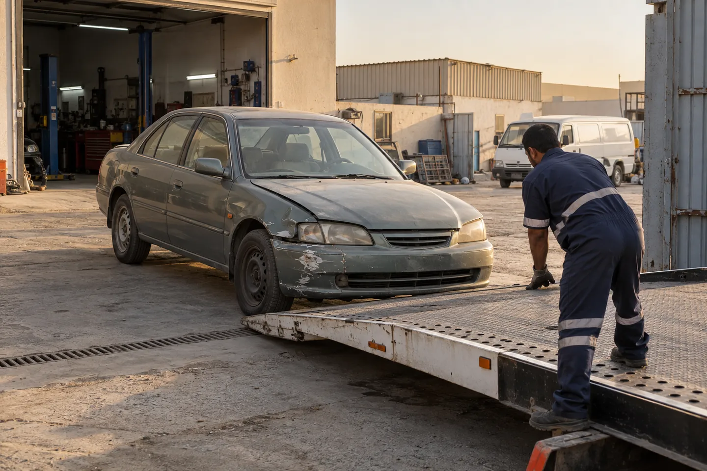 Worn green-grey sedan with minor body damage near a flatbed ramp and open workshop entrance in an Ajman industrial setting with a recovery operator