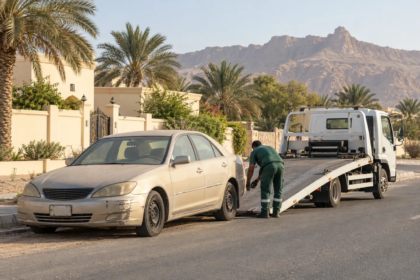 Older dusty beige sedan with a scuffed bumper beside a recovery truck and operator outside a palm-lined Al Ain villa compound