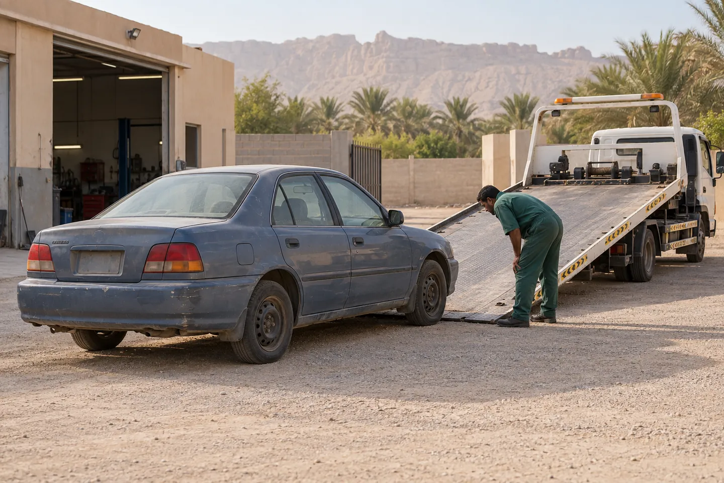 Worn blue-grey non-running sedan and recovery technician beside a lowered flatbed ramp at an Al Ain workshop forecourt with palms beyond the wall