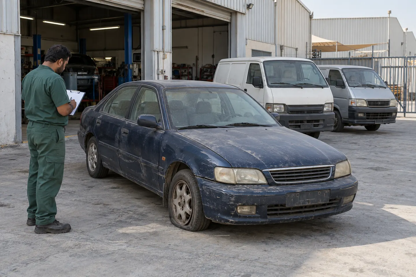 Assessor checking a faded dark-blue non-running sedan with a flat tyre at an Al Quoz workshop forecourt with older commercial vans parked behind