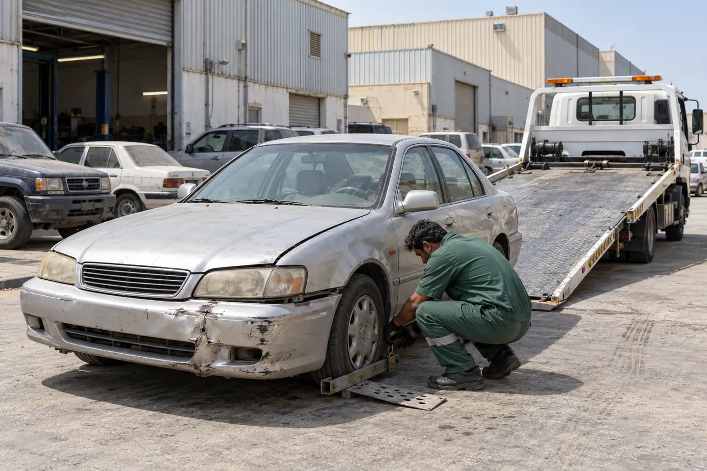 Older silver sedan with modest bumper damage beside an unbranded flatbed and recovery operator in an Al Quoz-style Dubai workshop industrial lane