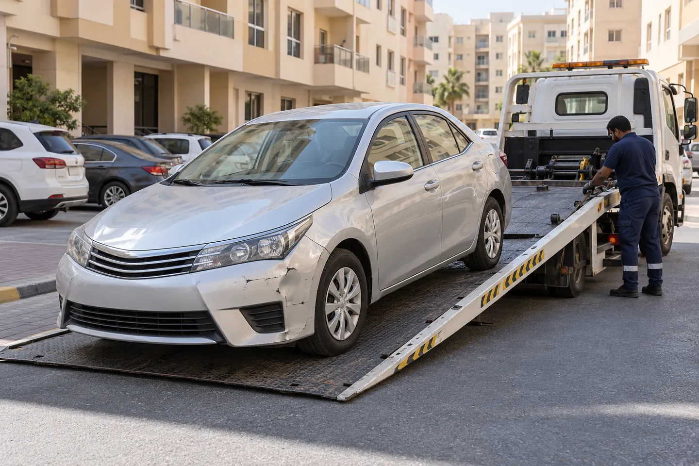 Unbranded silver mid-2010s sedan with minor bumper damage beside a flatbed and recovery operator in an Al Qusais-style residential and commercial parking lane