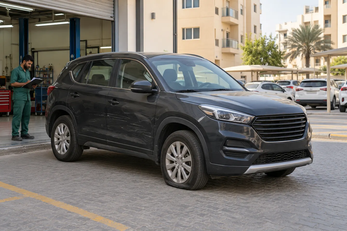 Unbranded mid-2010s charcoal SUV with modest door scratches outside a local Al Qusais-style workshop beside apartment parking, with a representative reviewing details