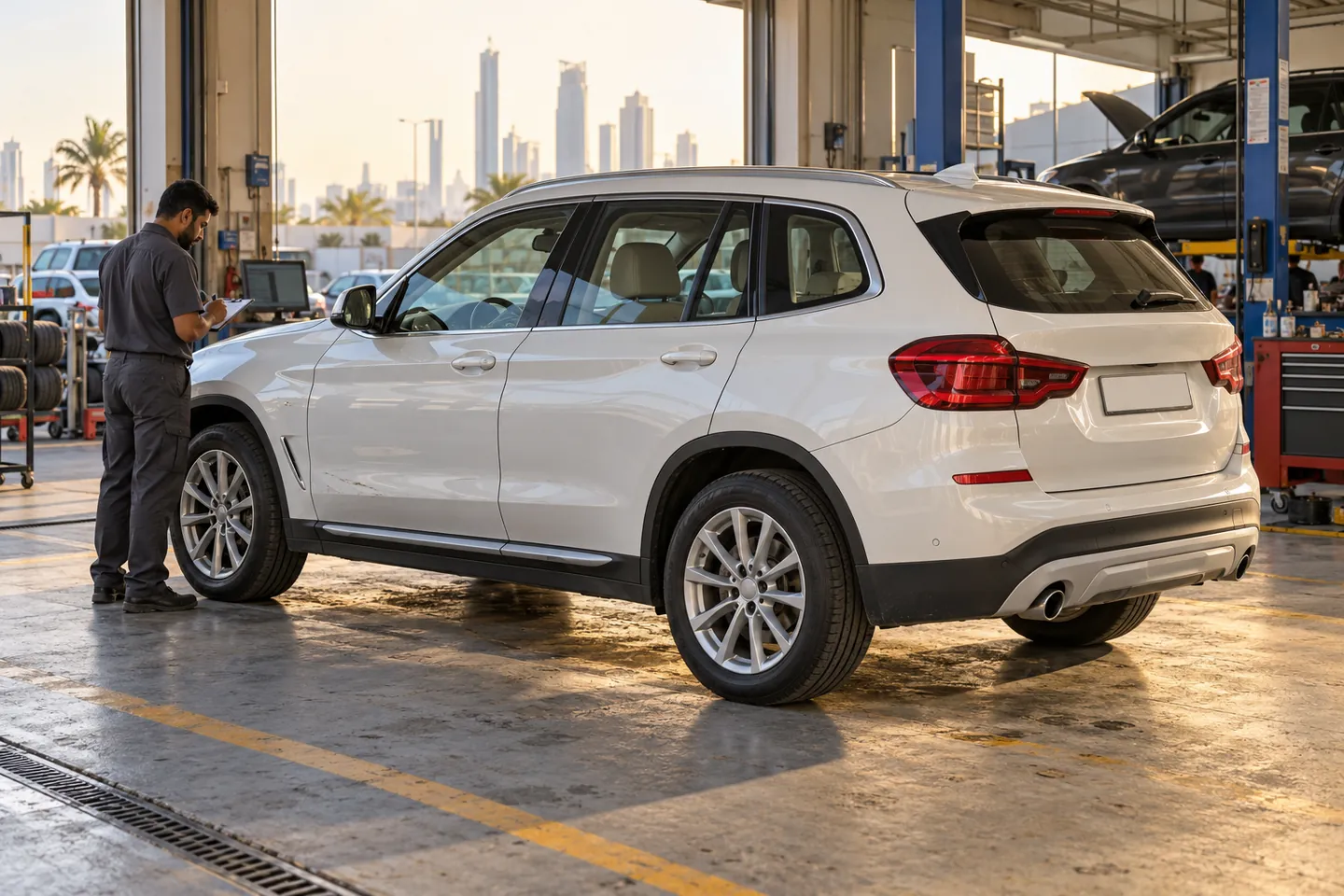 Mineral-white X3-style BMW SUV with light door wear being assessed at an independent UAE workshop
