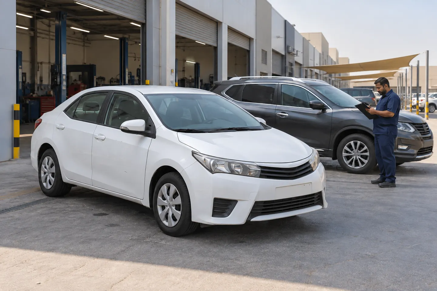 Unbranded white mid-2010s compact sedan and dark modern SUV parked at a DIP-style commercial workshop forecourt with a site representative reviewing vehicle details