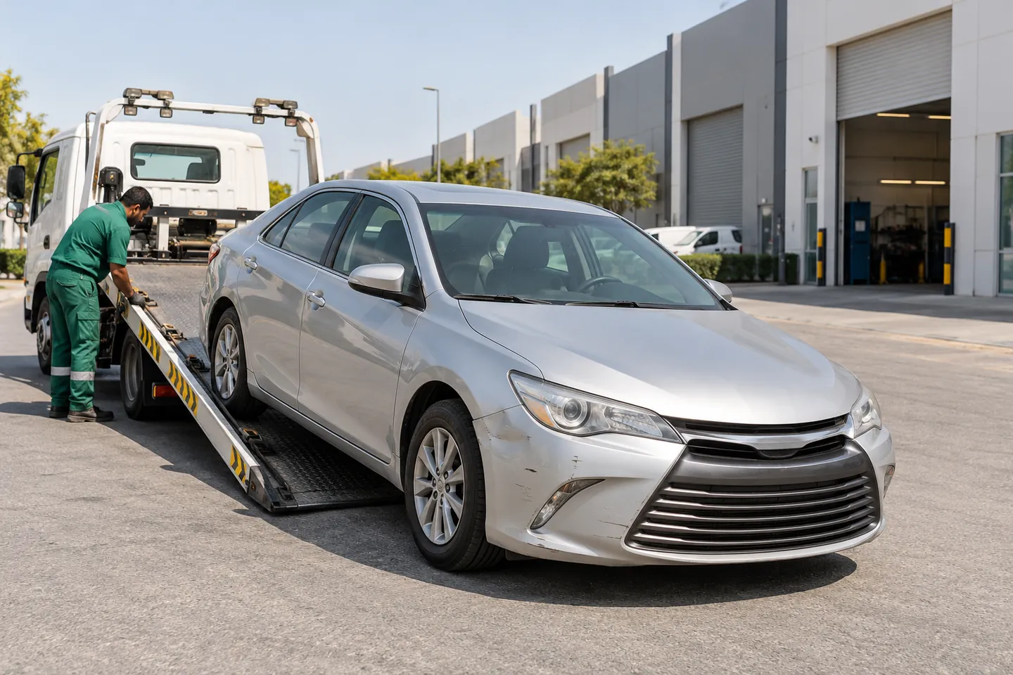 Unbranded silver mid-2010s sedan with minor bumper scratches beside a professional flatbed and operator at a modern DIP-style industrial workshop estate
