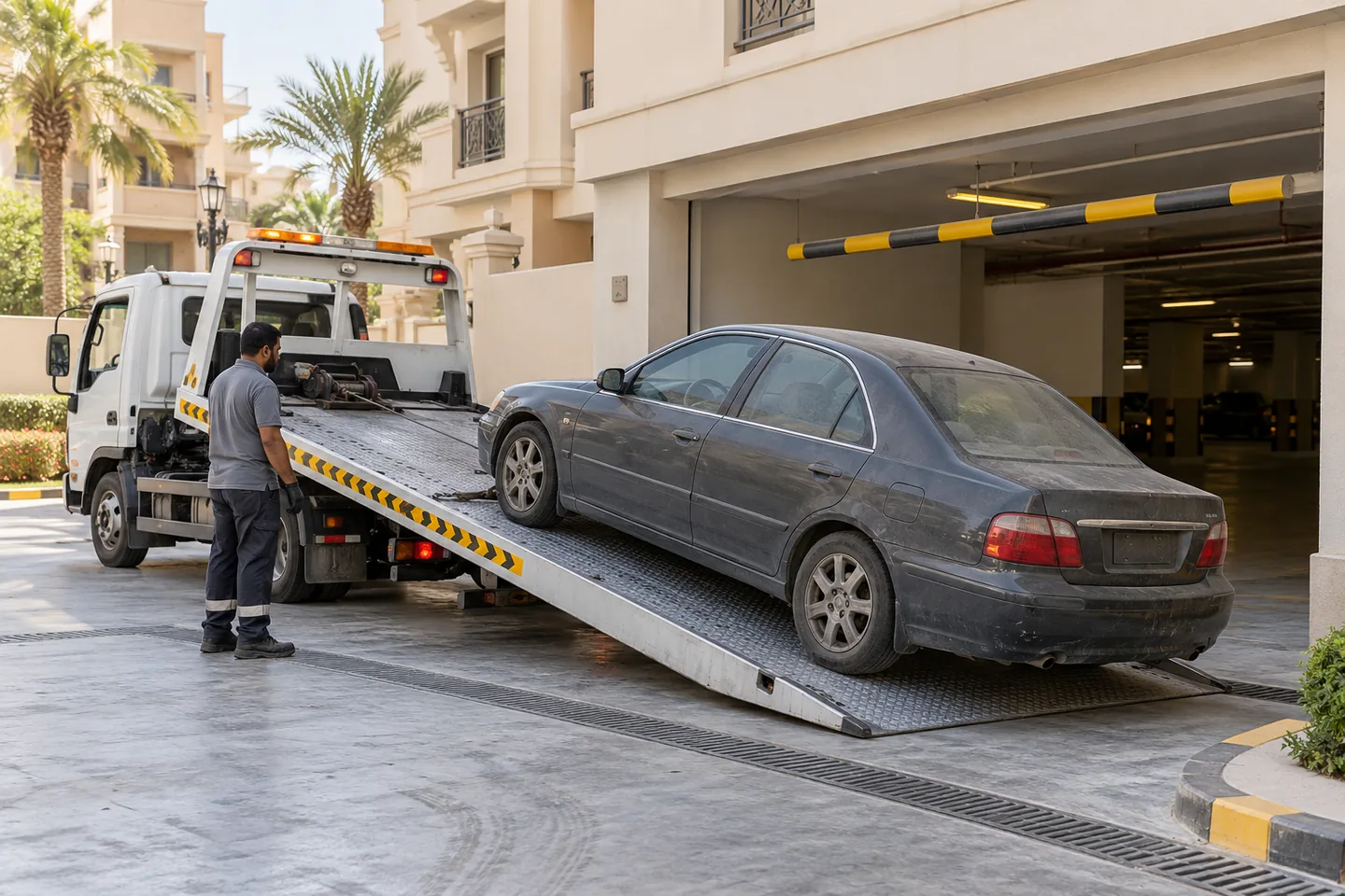 Worn grey non-running sedan aligned with a flatbed recovery ramp near a Dubai residential basement entrance with an operator checking the approach