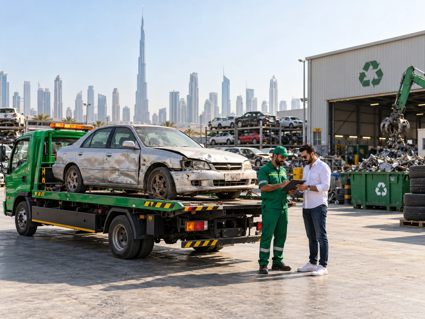 Damaged vehicle on a recovery truck at a Dubai salvage and recycling yard