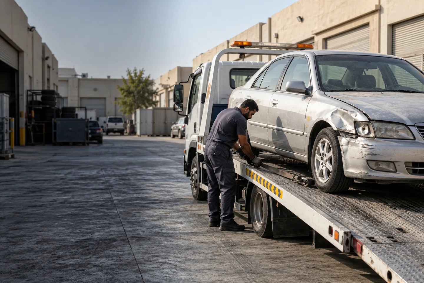 Older damaged silver sedan on an unbranded flatbed as an operator checks its securing points in a Dubai industrial yard
