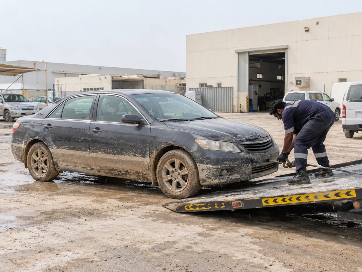 Recovery operator preparing a mud-marked older flood-damaged sedan for flatbed collection in a UAE industrial yard