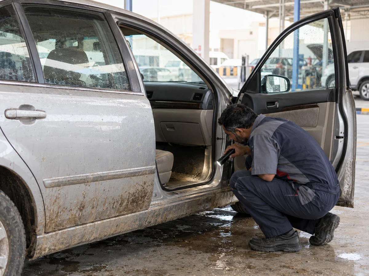 Technician inspecting the damp interior of an older sedan with mud and water marks in a UAE-style workshop