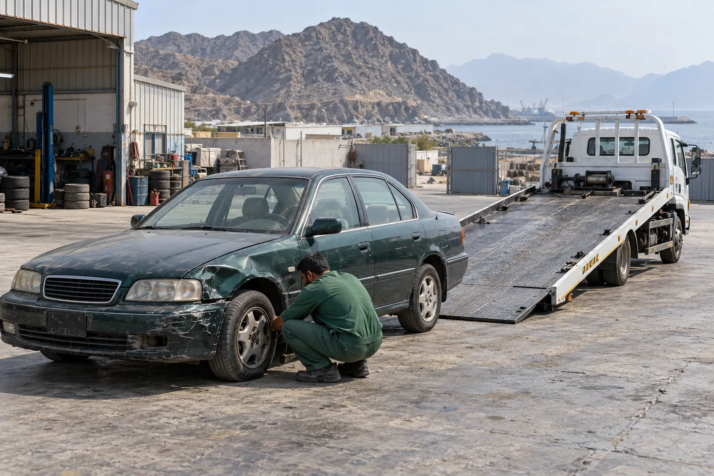 Worn dark-green non-running sedan and operator preparing recovery beside a lowered flatbed in a Fujairah industrial workshop yard with rocky hills beyond