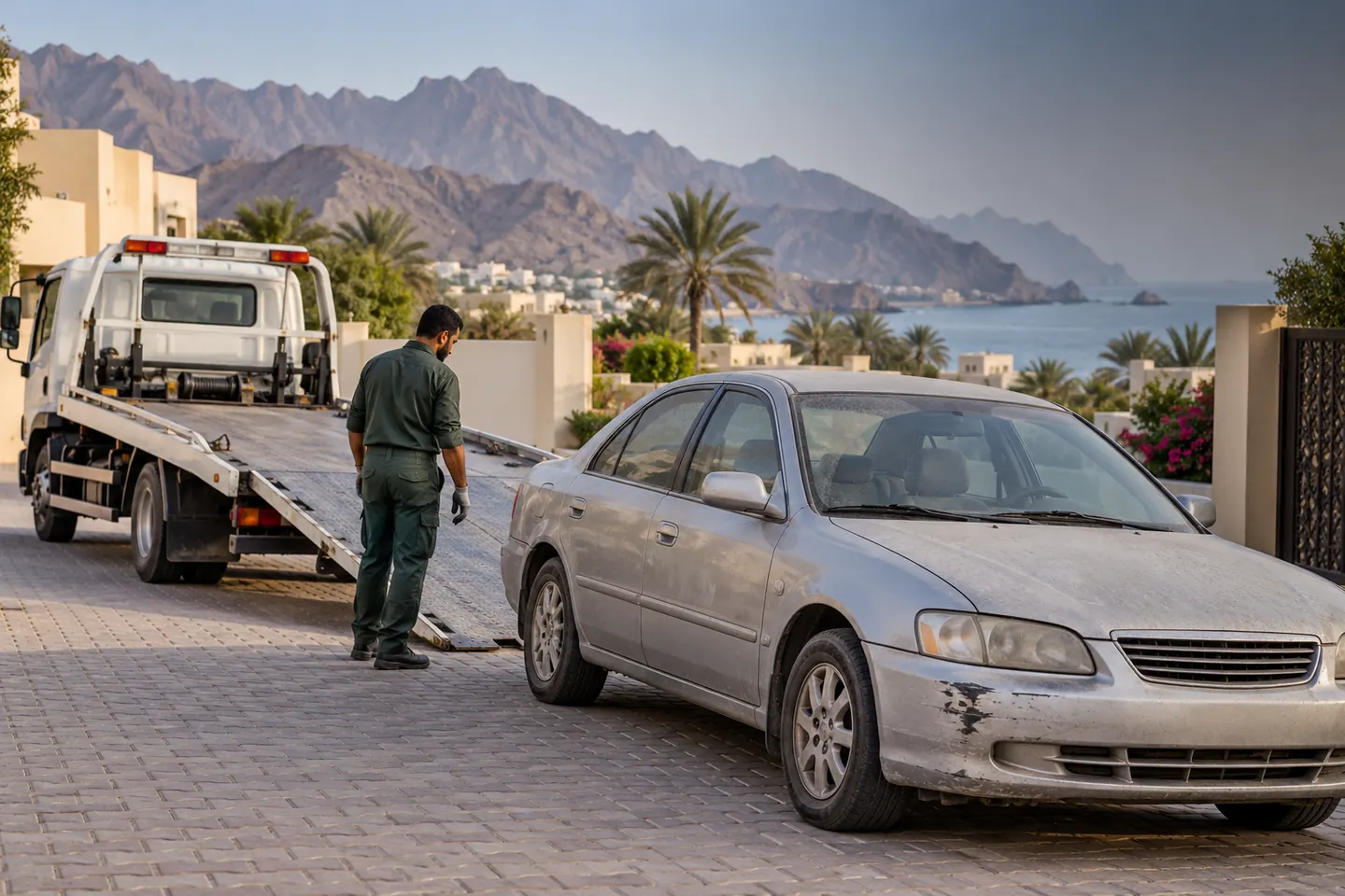 Older scuffed grey sedan and recovery operator beside an unbranded flatbed at a Fujairah residential compound with rocky hills and coastal palms beyond