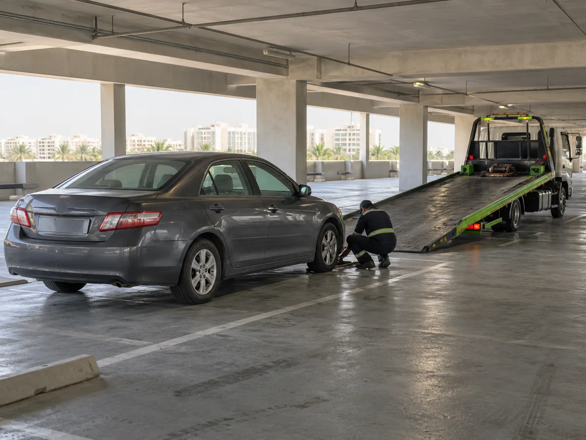 Recovery operator preparing a non-running saloon car for collection in covered parking