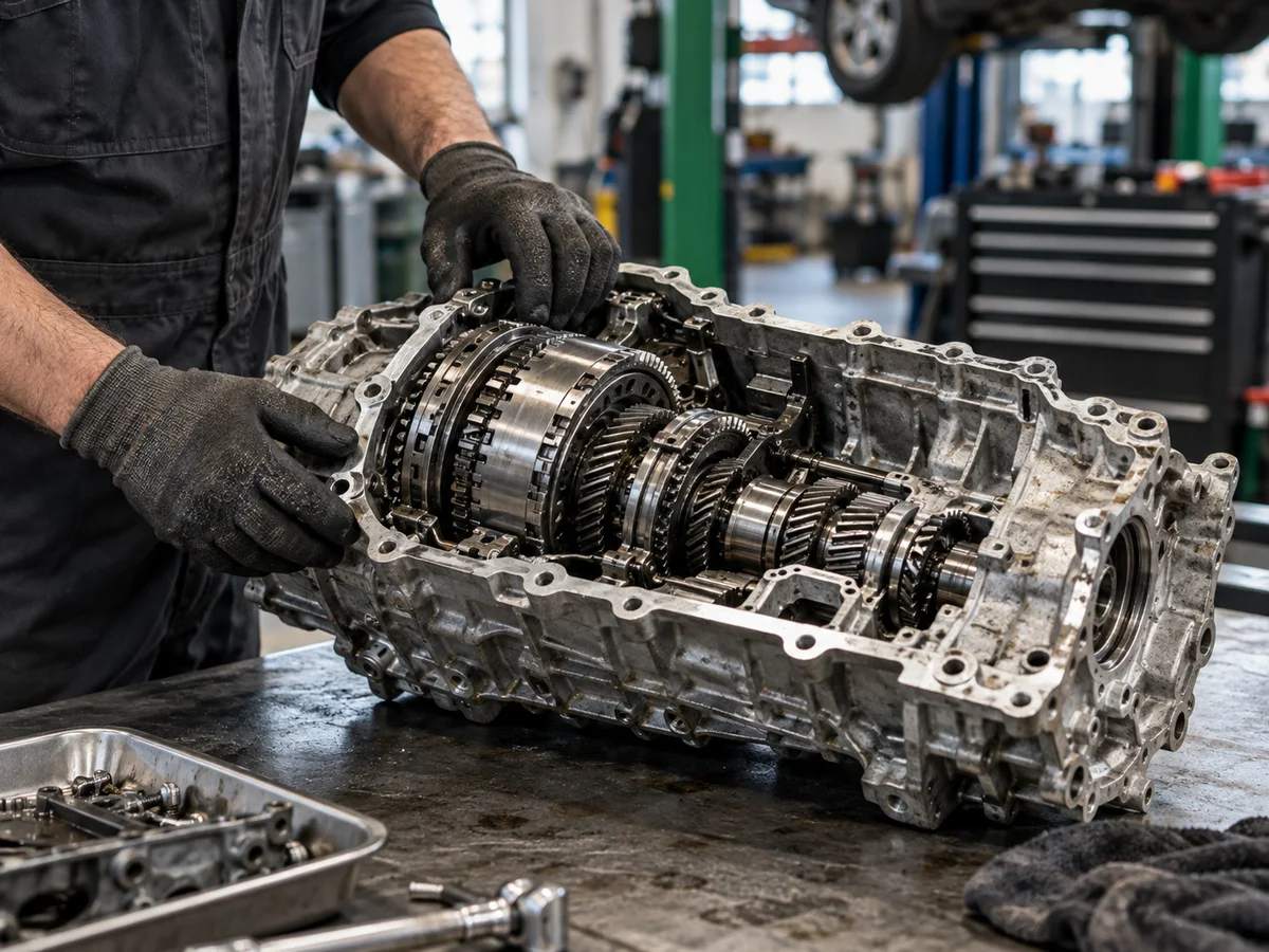 Mechanic inspecting the internal components of an automotive gearbox in a professional workshop