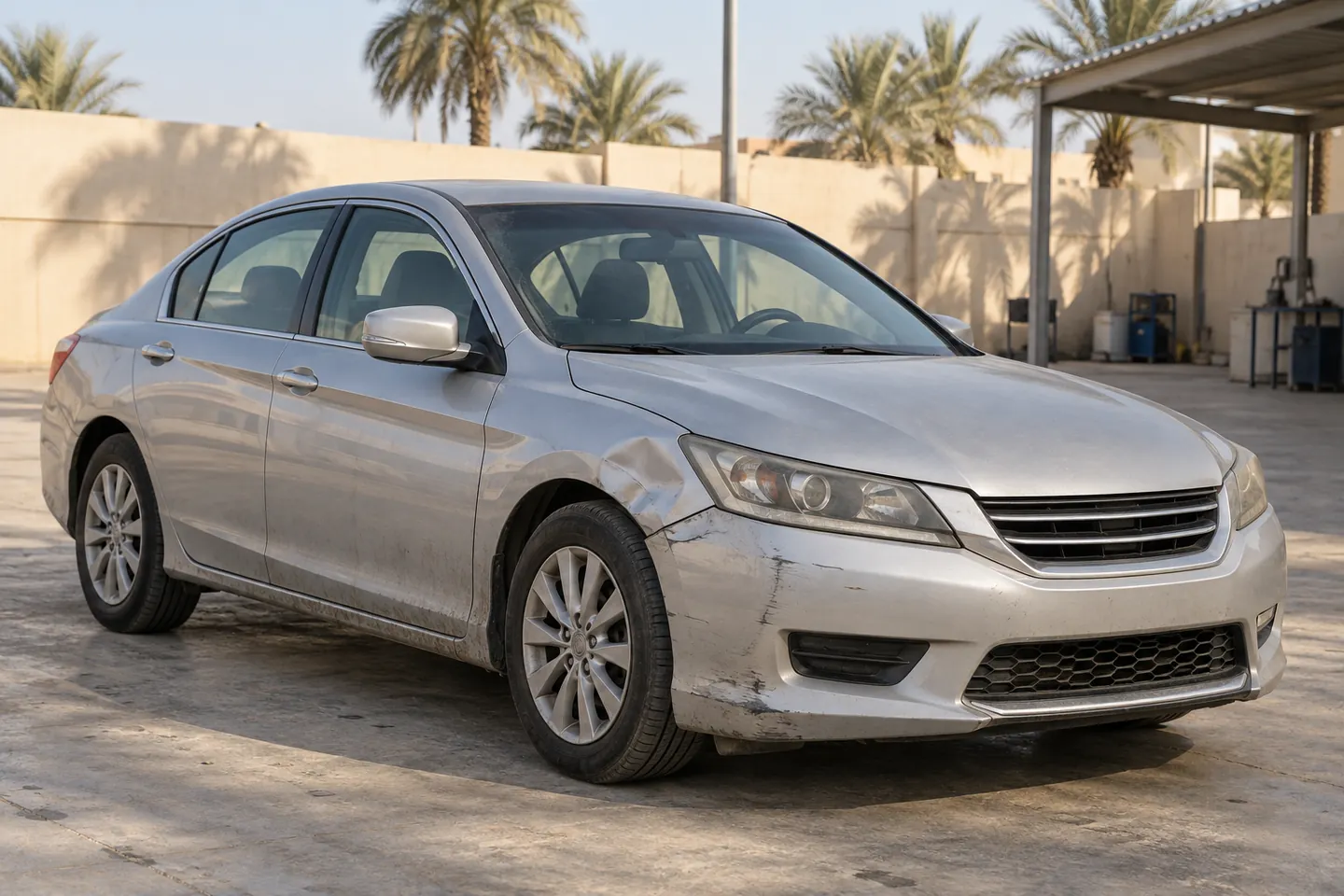 Used silver 2013 Accord-style Honda sedan with a dented front wing and scuffed bumper at an independent UAE inspection forecourt