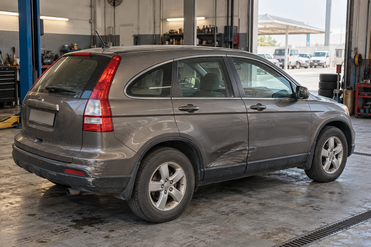 Used bronze-grey early-2010s CR-V-style Honda SUV with lower-door scratches and bumper wear in an independent UAE workshop