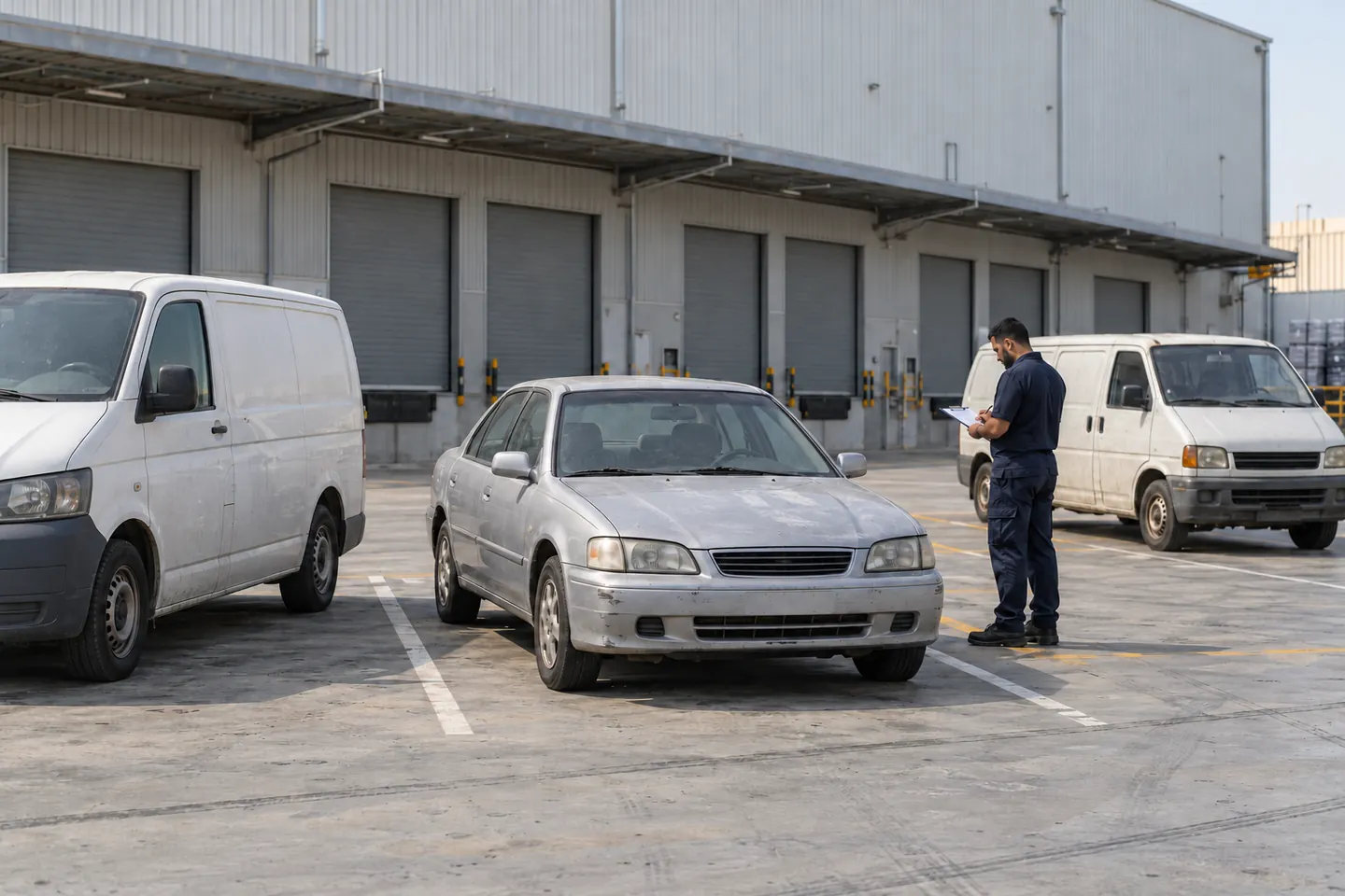 Worn silver sedan and older unbranded commercial vans in spaced parking bays at a Jebel Ali-style warehouse forecourt with a site coordinator reviewing vehicle details