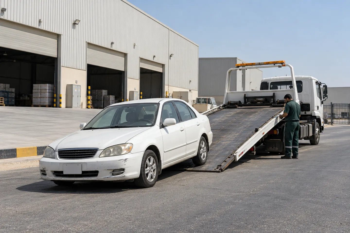 Older white sedan with bumper scuffs beside an unbranded flatbed recovery truck and operator outside warehouse loading bays in a Jebel Ali-style logistics setting