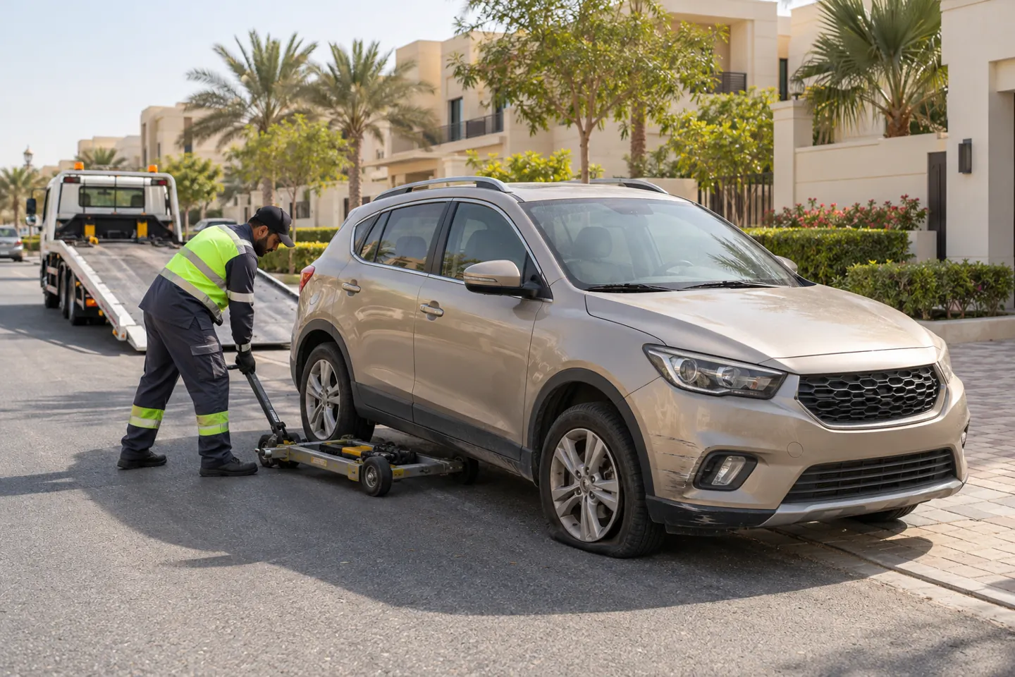 Champagne mid-2010s crossover with a flat tyre and modest bumper scuffs beside professional recovery equipment on a Khalifa City-style residential street