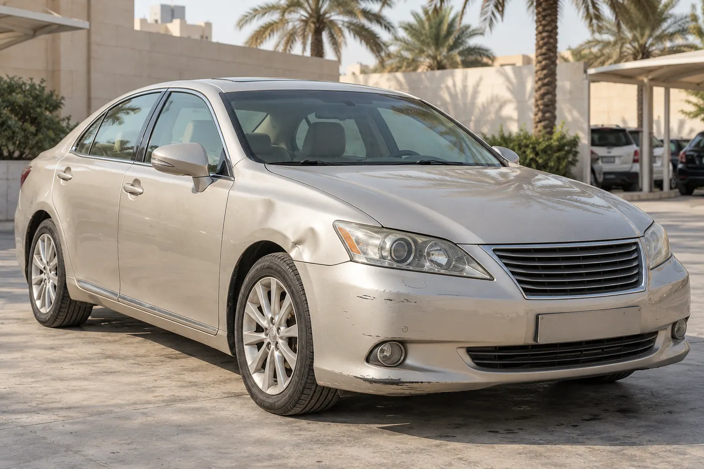 Used early-2010s ES-style Lexus sedan with front-wing wear and bumper scuffs at an independent UAE assessment forecourt