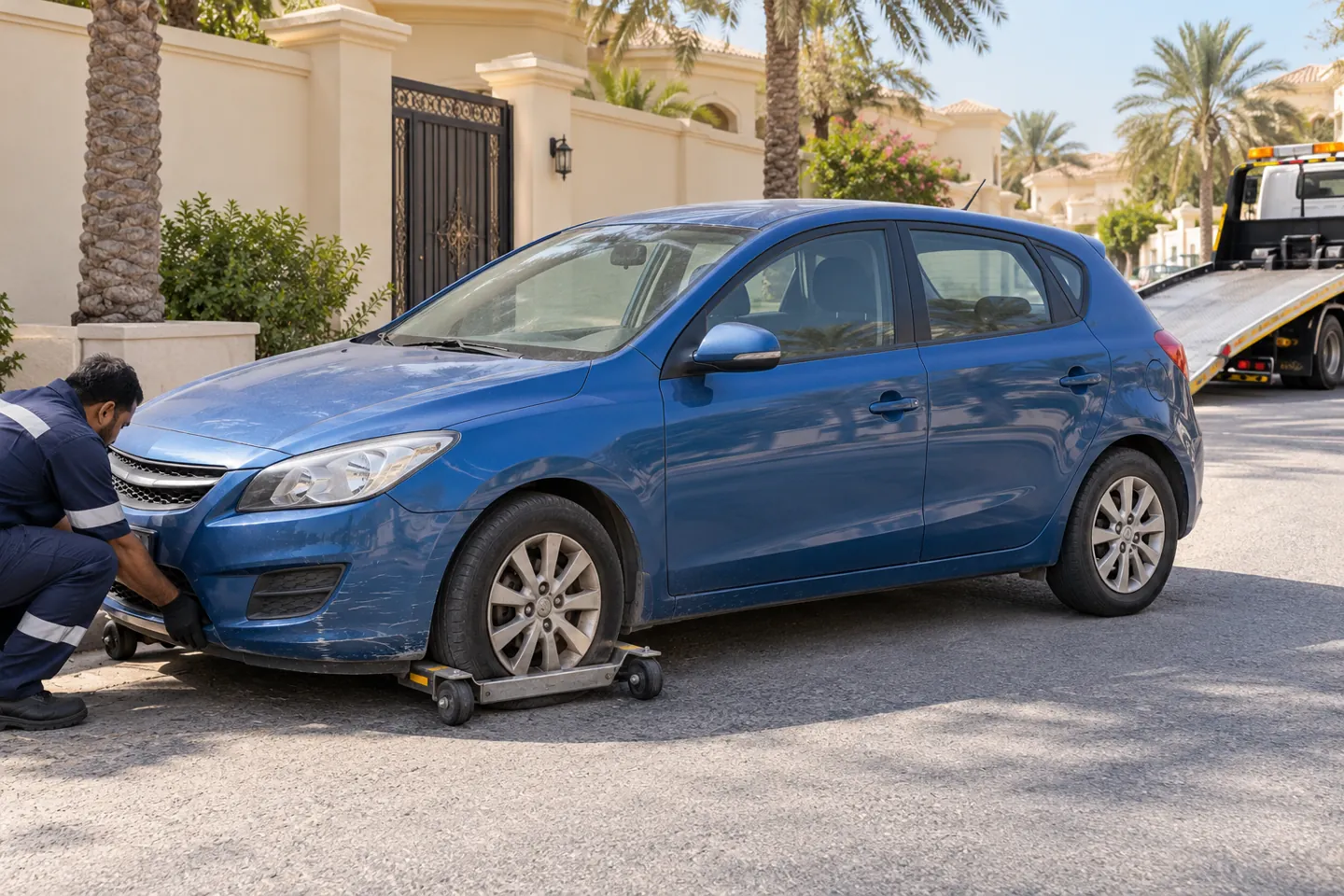 Metallic-blue mid-2010s hatchback with minor bumper damage and a wheel dolly near a villa gate in an Abu Dhabi residential street, with a recovery professional