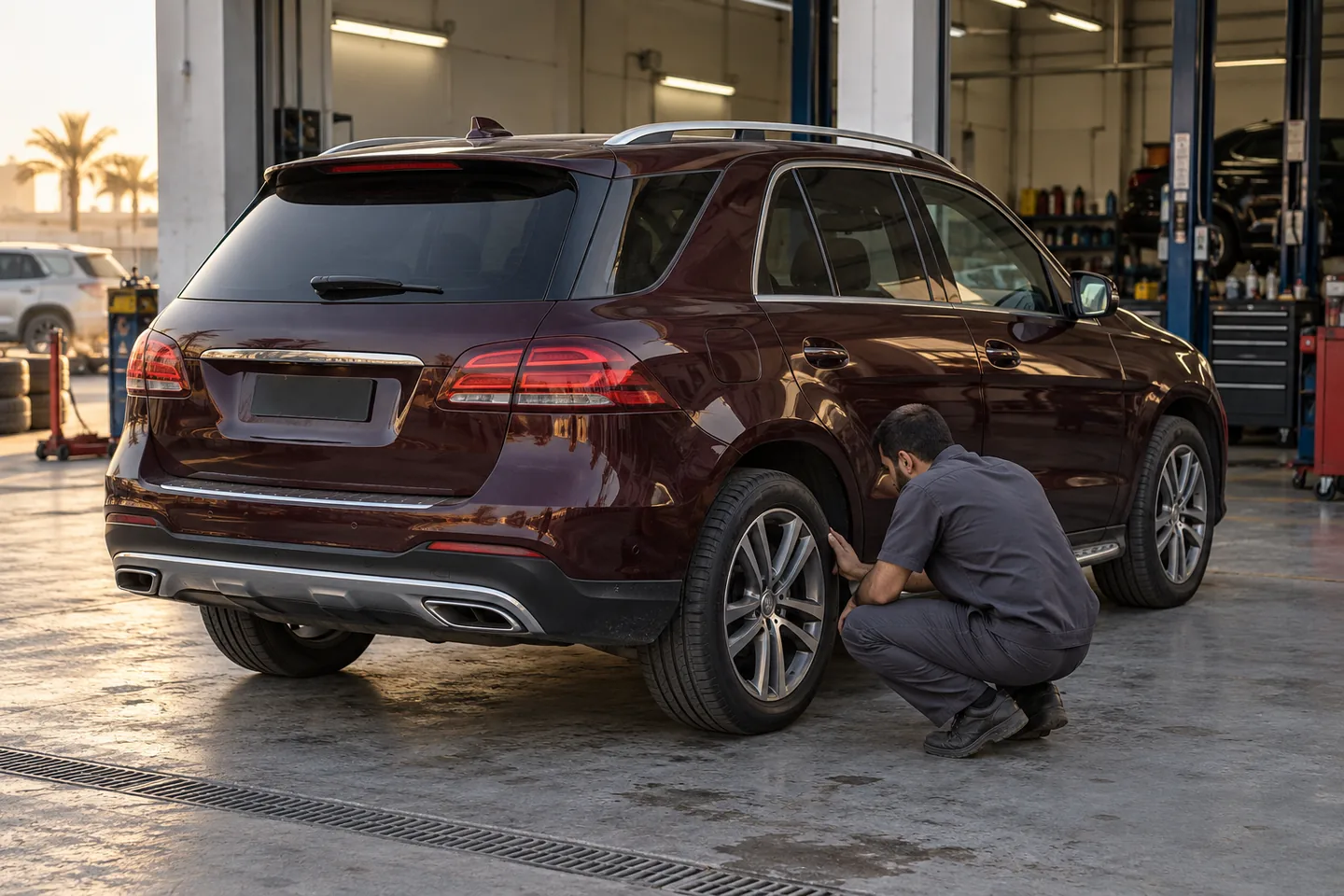 Burgundy GLE-style Mercedes-Benz SUV with light door wear being visually assessed outside an independent UAE workshop