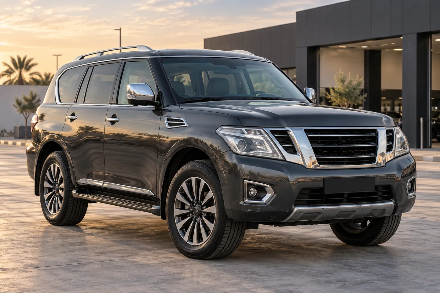 Graphite Patrol-style Nissan SUV with modest bumper scuffs at a UAE automotive assessment forecourt in warm daylight