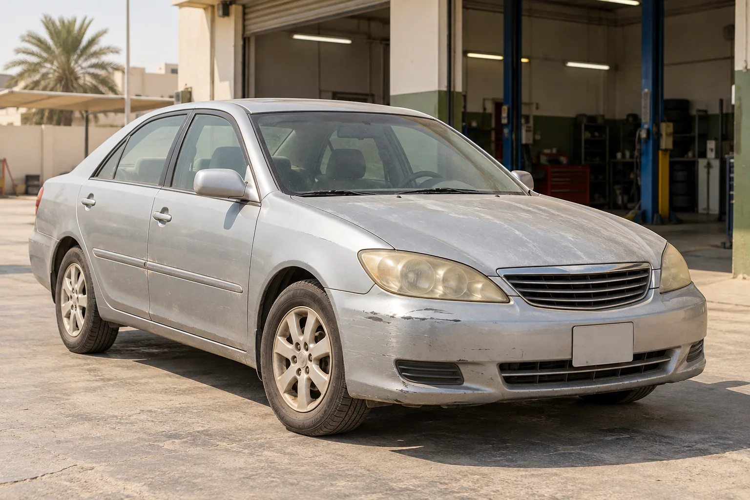 Older silver sedan with faded paint, worn headlights and everyday body wear outside a workshop