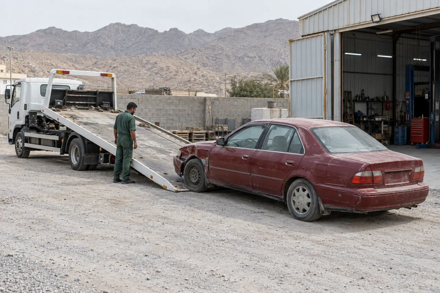 Older worn maroon sedan being prepared for flatbed recovery in an open Ras Al Khaimah industrial plot beside a workshop with rocky hills beyond