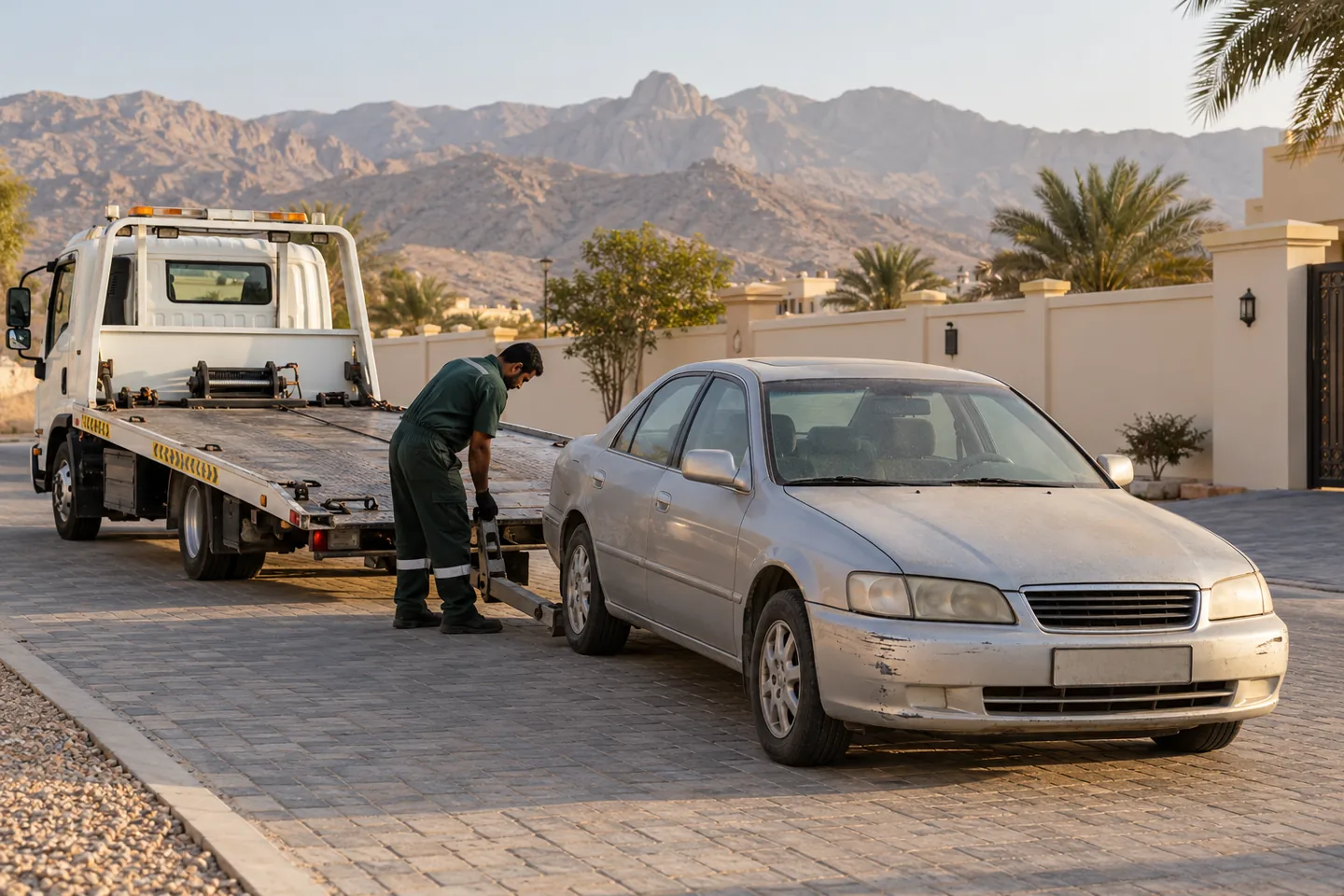 Dusty older silver sedan and recovery operator beside an unbranded flatbed on a Ras Al Khaimah compound approach with distant rocky foothills