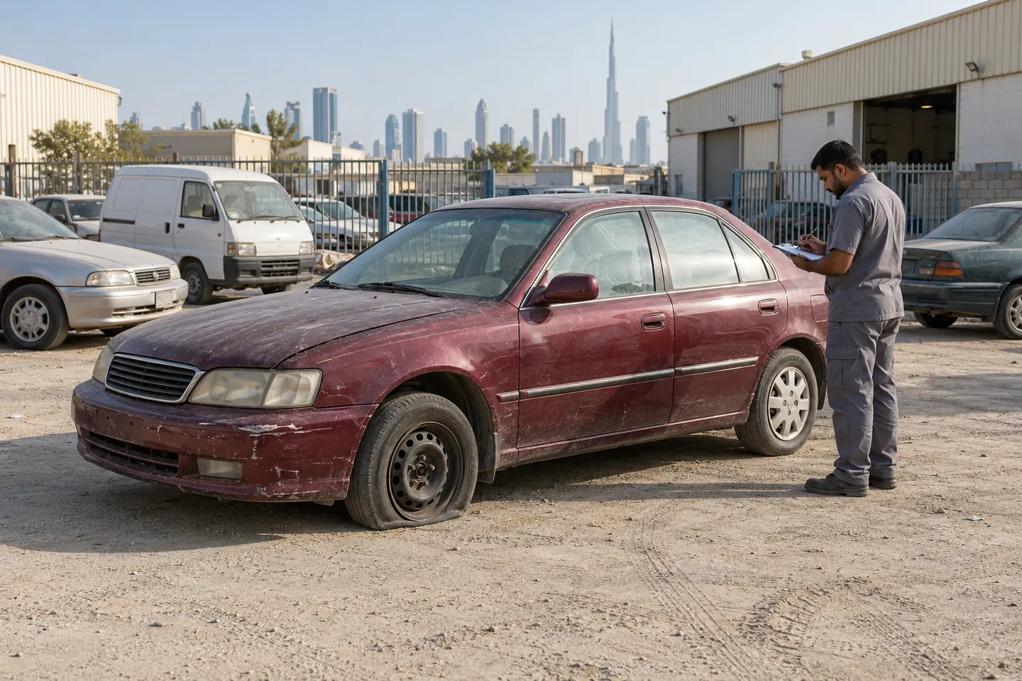 Worn maroon sedan with a flat tyre in a Ras Al Khor-style automotive yard with parked older vehicles, a clear aisle and a vehicle assessor