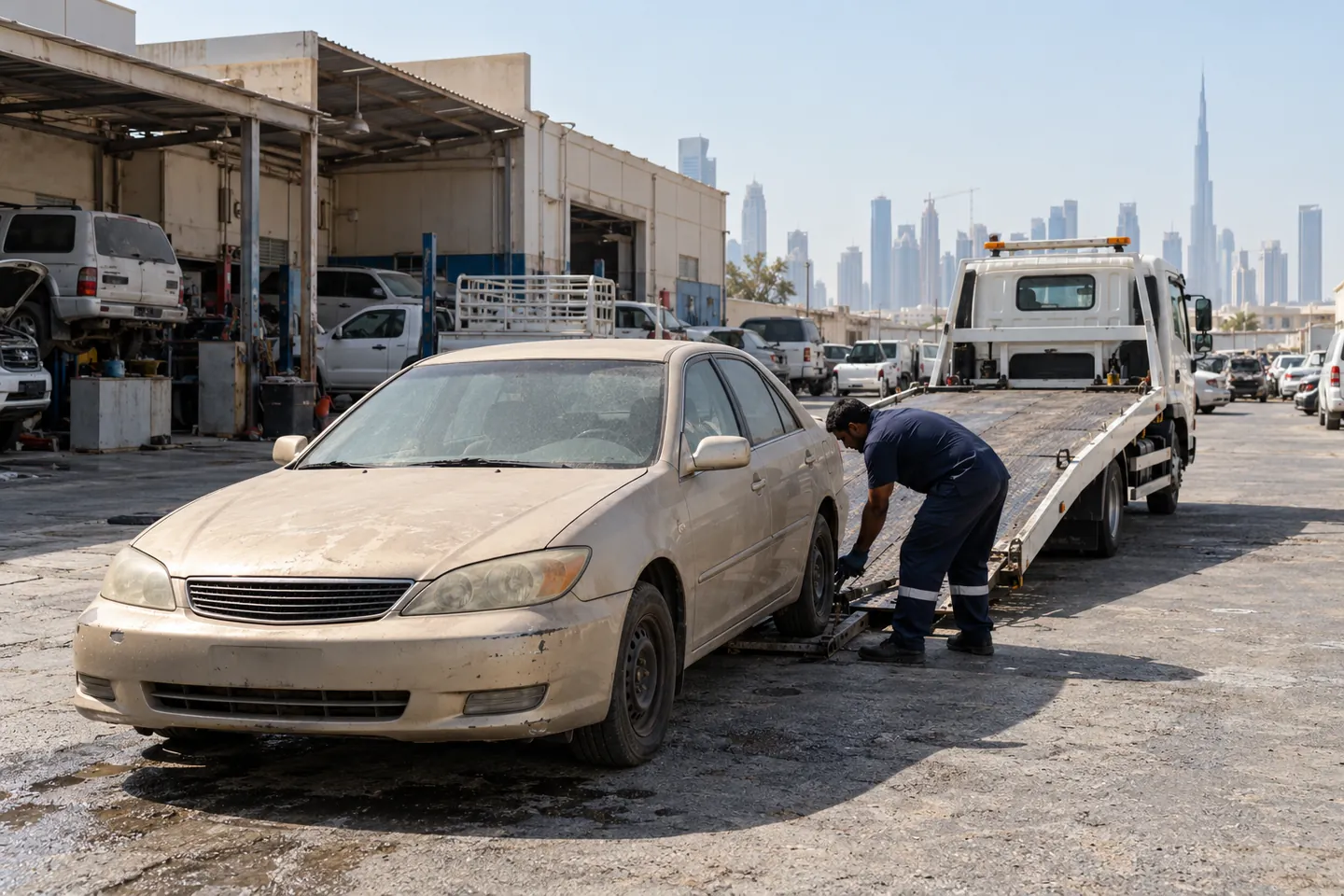 Older beige sedan beside an unbranded flatbed and recovery operator in a Ras Al Khor-style Dubai automotive industrial lane