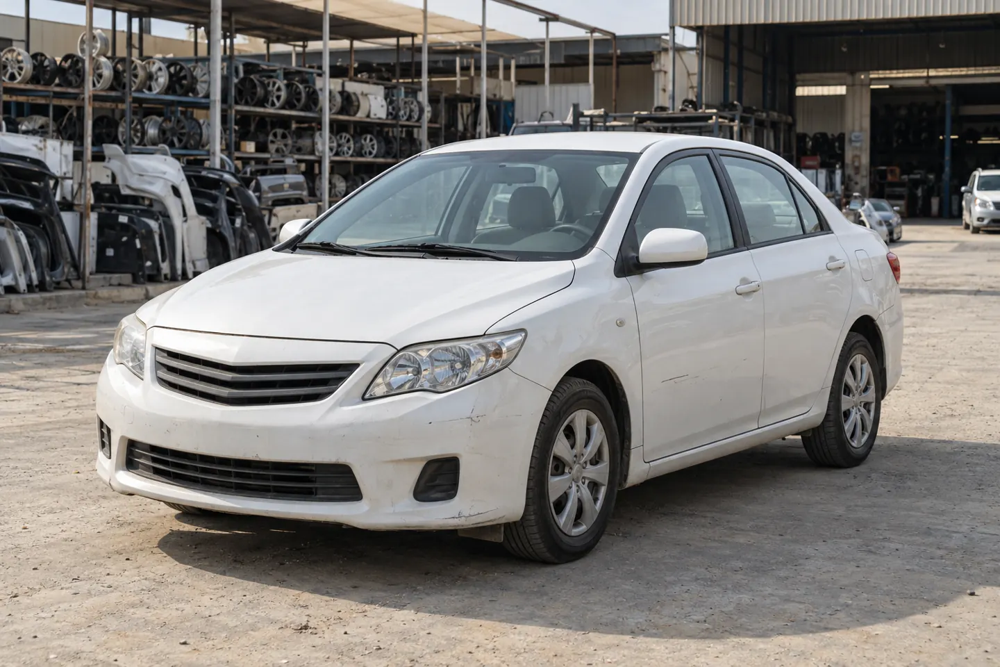 White compact mid-2010s sedan with natural wear awaiting assessment in a Sajaa-style automotive parts yard and workshop forecourt, without a recovery truck
