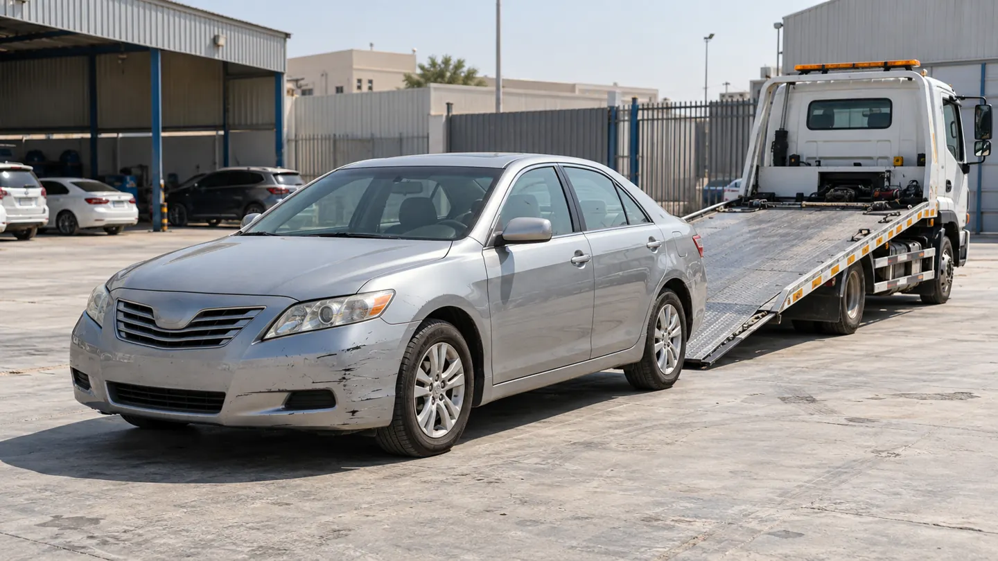 Silver mid-2010s sedan with modest bumper damage beside an unbranded flatbed in a Sajaa-style automotive yard with industrial workshops