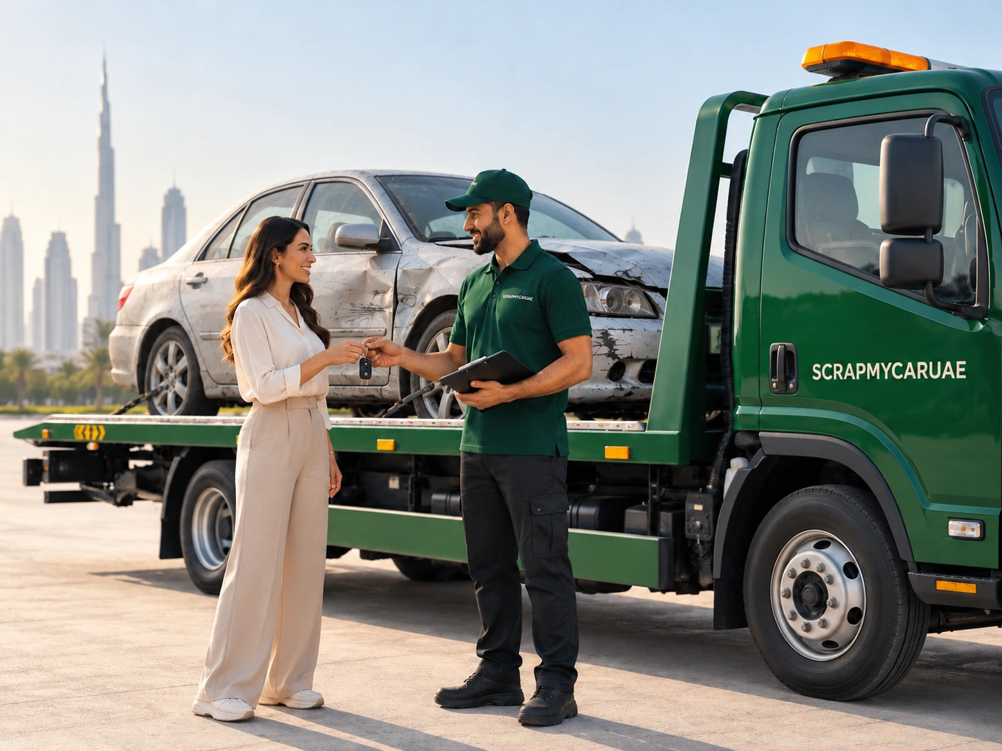 Damaged car being collected on a green recovery truck in Dubai