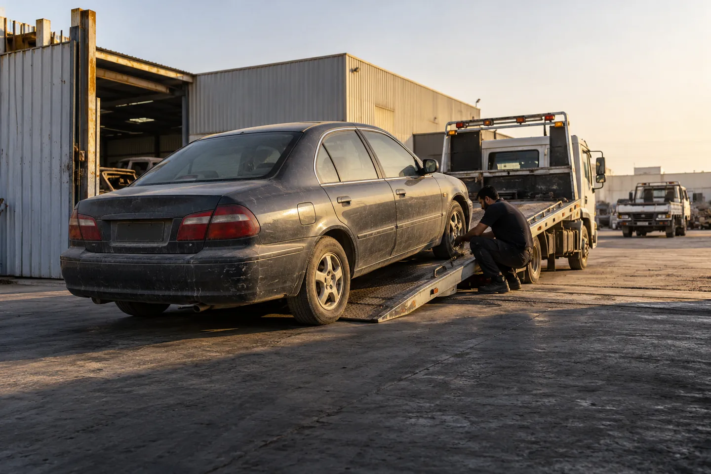 Worn non-running sedan prepared beside a flatbed recovery ramp at an open gate in a Sajaa-style Sharjah industrial yard