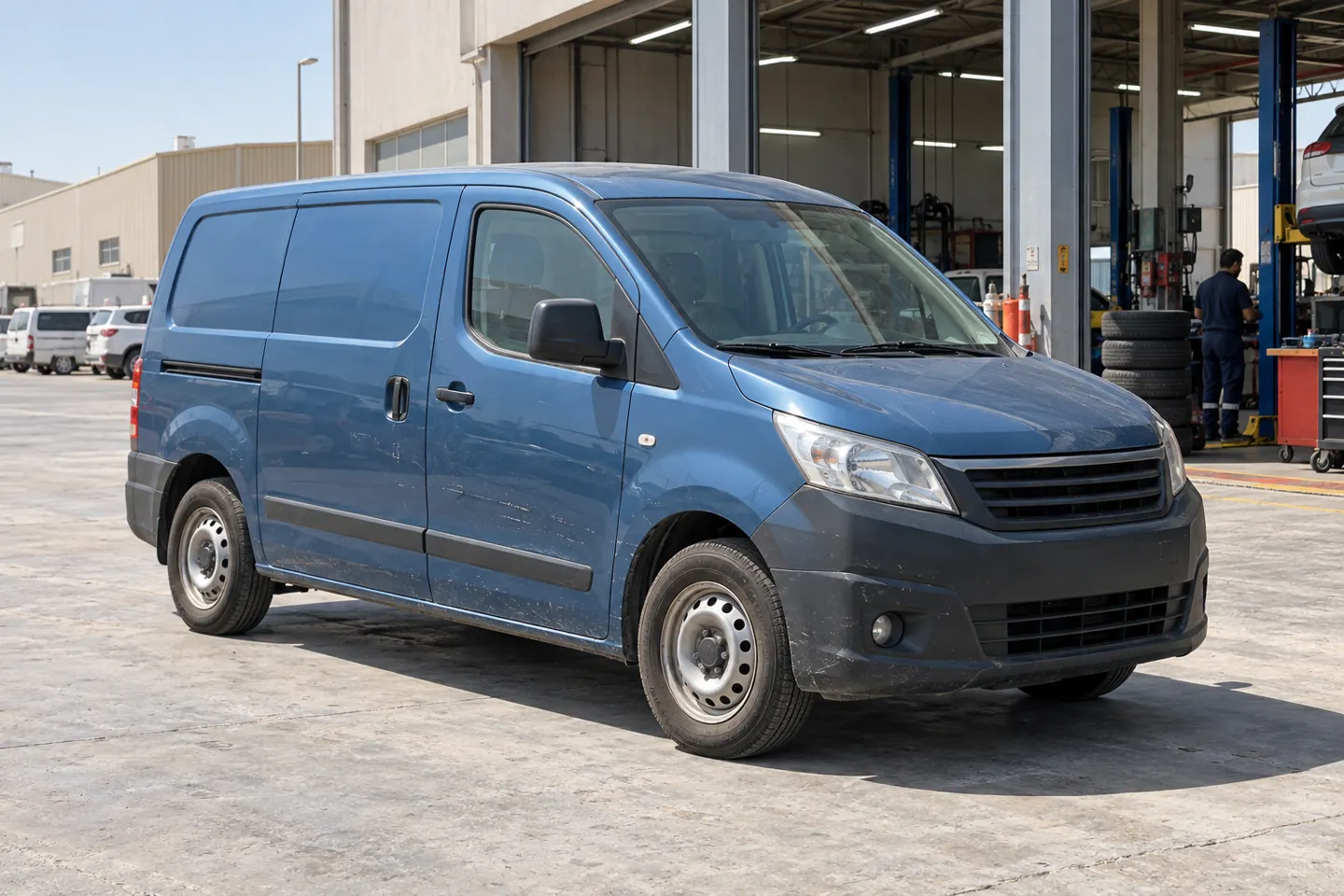 Blue mid-2010s delivery van with modest commercial wear parked outside an industrial service garage, with workshop bays and no recovery truck