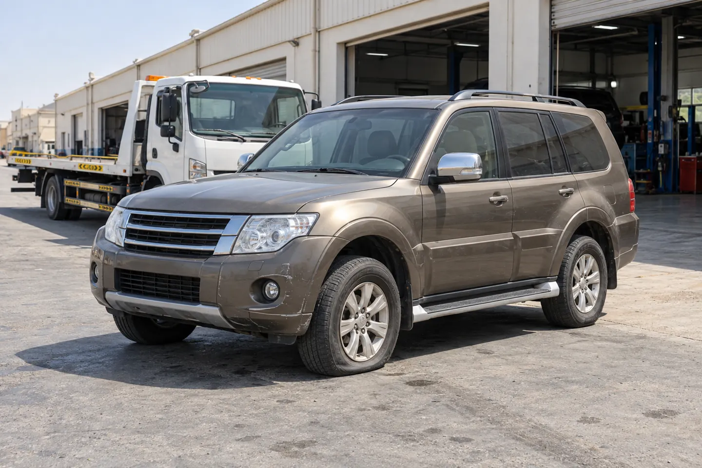Bronze mid-2010s family SUV with modest bumper scratches beside an unbranded flatbed outside Sharjah Industrial Area-style service garages