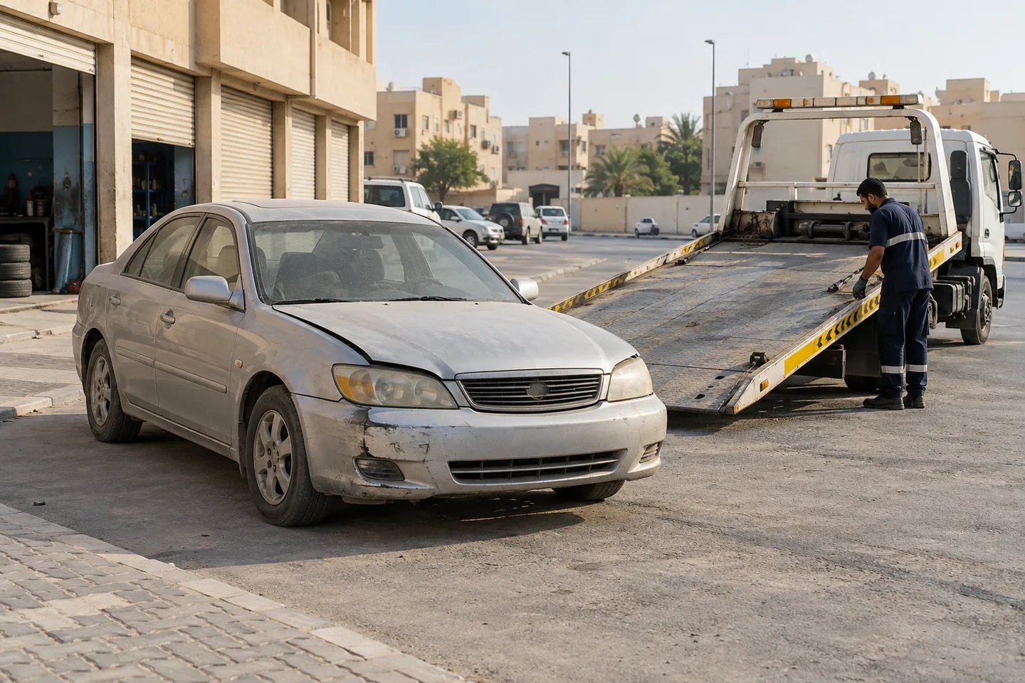 Older damaged silver sedan and unbranded recovery truck in a Sharjah forecourt with an operator reviewing space around the car