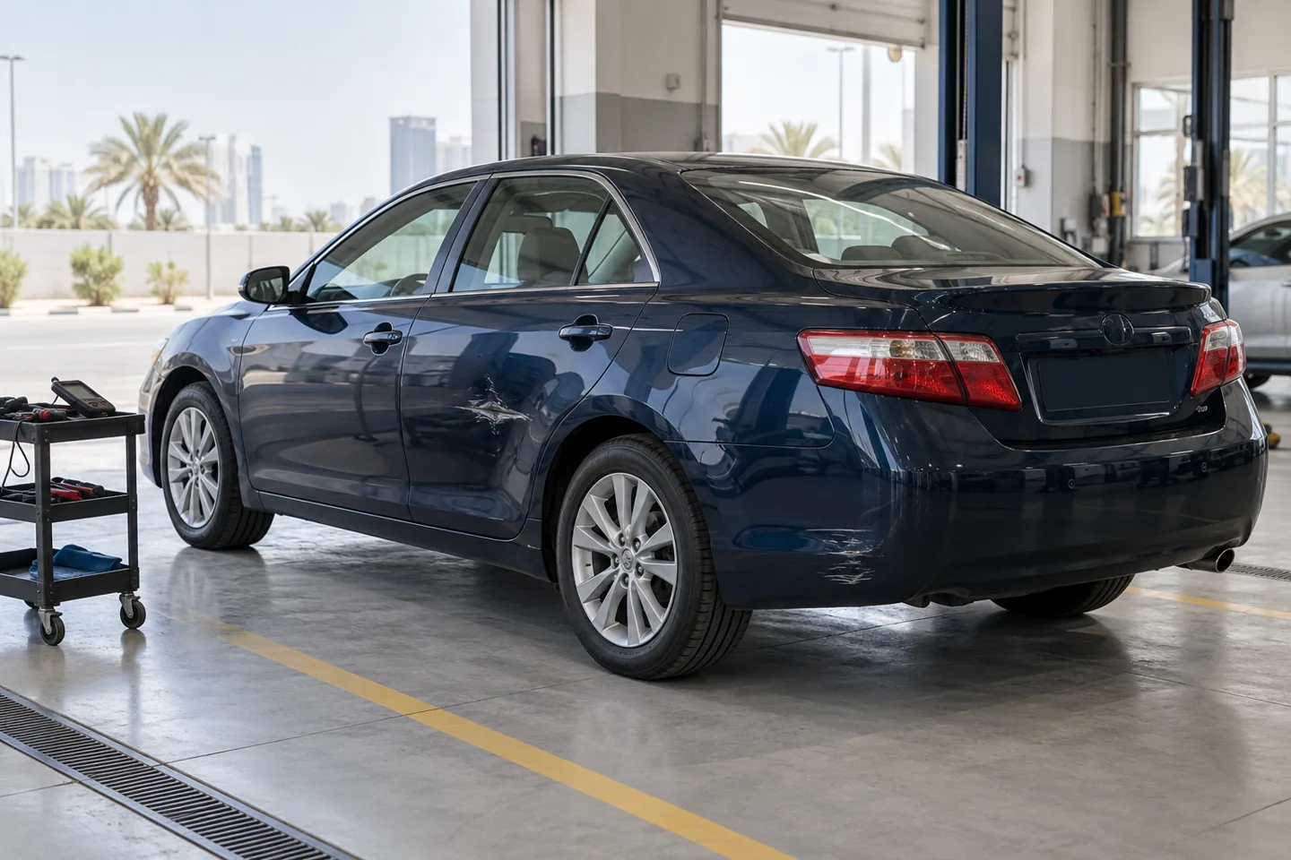 Dark-blue Camry-style Toyota sedan with modest door and bumper wear beside inspection tools in a UAE workshop