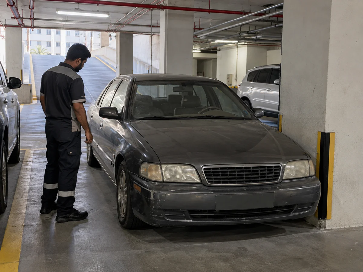 Recovery technician assessing space around an older sedan beside concrete columns in underground UAE parking