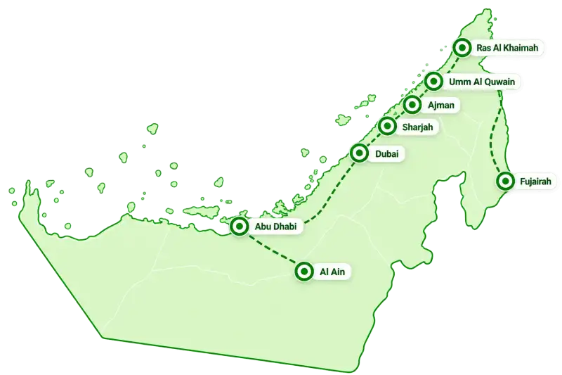 UAE collection coverage map showing Dubai, Abu Dhabi, Sharjah, Ajman, Ras Al Khaimah, Fujairah, Umm Al Quwain and Al Ain