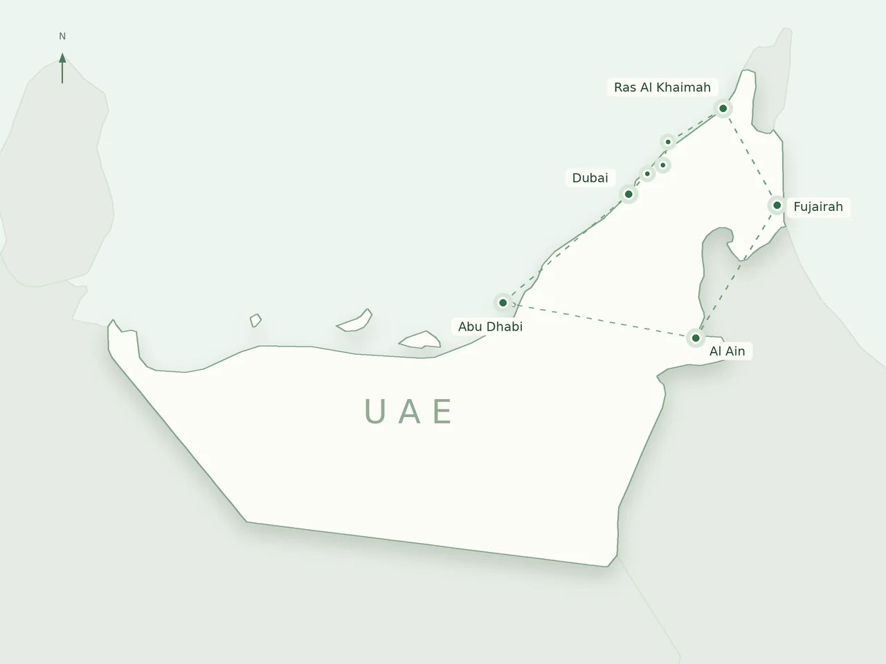 UAE collection coverage illustration with markers around Abu Dhabi, Dubai, the northern emirates and Al Ain