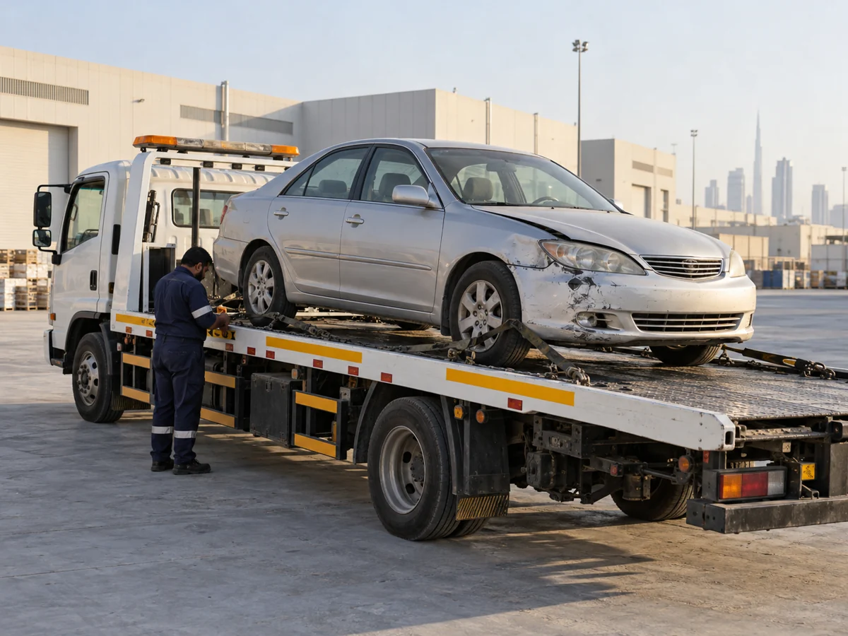 Recovery operator checking a mildly damaged silver sedan secured on a flatbed truck in a spacious UAE industrial yard