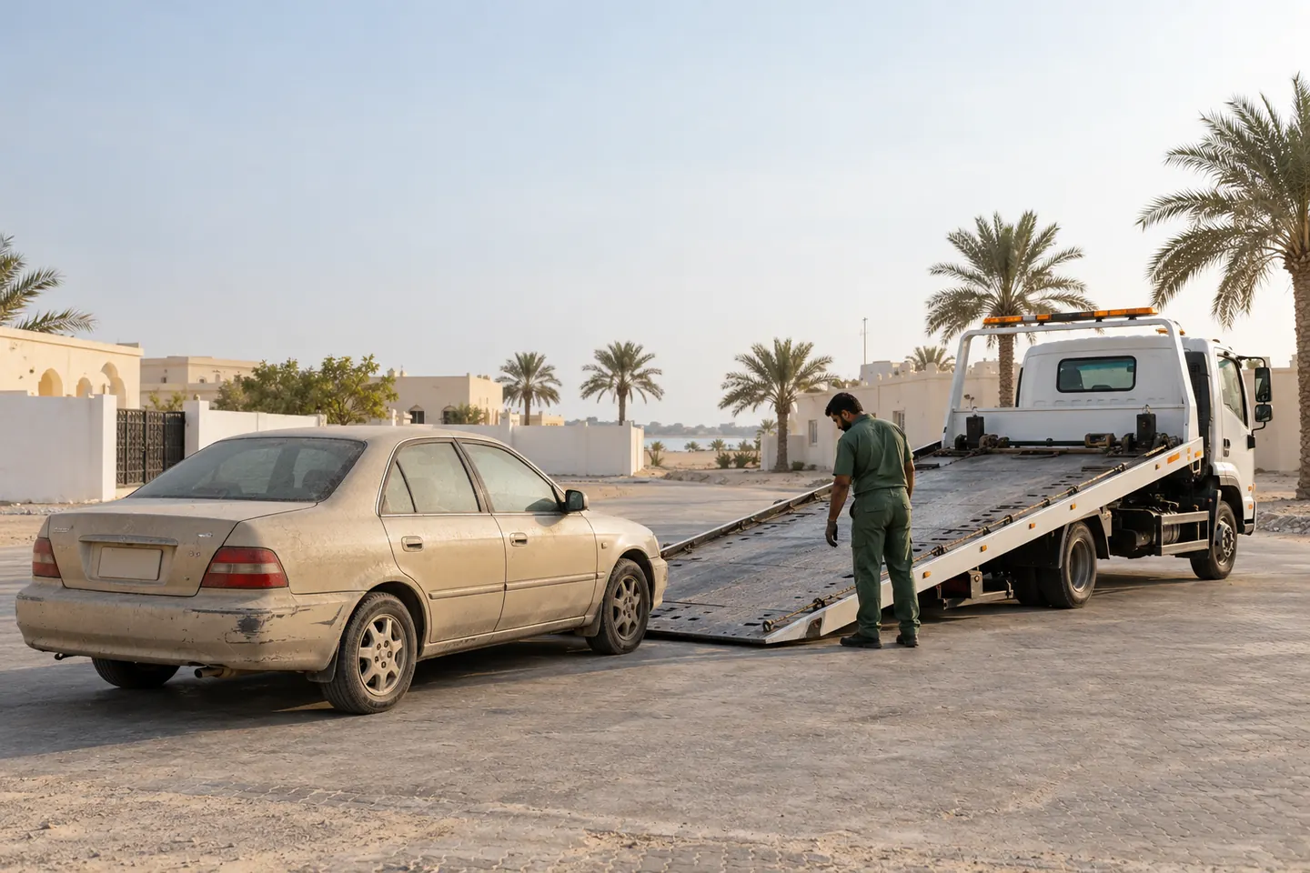 Older scuffed sand-coloured sedan with a professional recovery operator and an unbranded flatbed in a quiet Umm Al Quwain compound forecourt