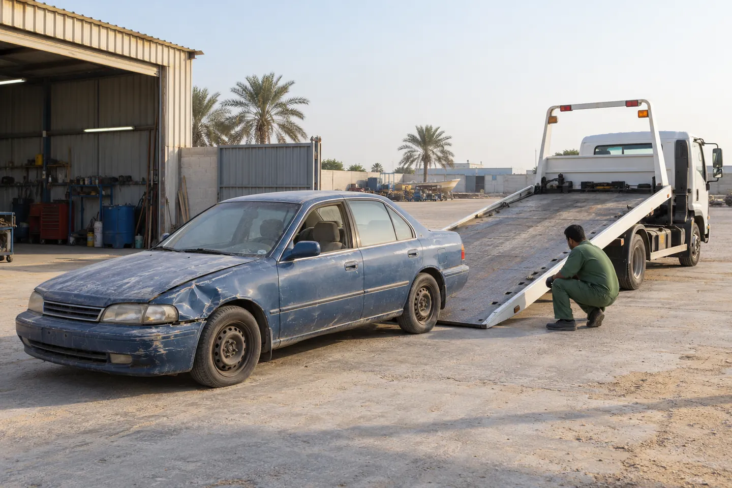 Older faded blue non-running sedan with a dented fender and recovery operator beside a lowered flatbed at an Umm Al Quwain workshop and industrial plot